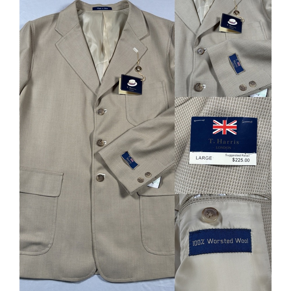 T. Harris Blazer Men Large Tan Worsted‎ Wool Micro Check Sport Coat New